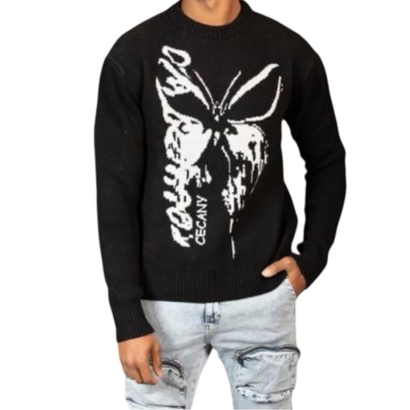 Men’s/Women’s Y2K round two Black & White Crewneck Pullover Sweater Butterfly - Picture 1 of 6